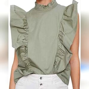 Zara Green Poplin Ruffle Sleeveless‎ Top Size Med Feminine